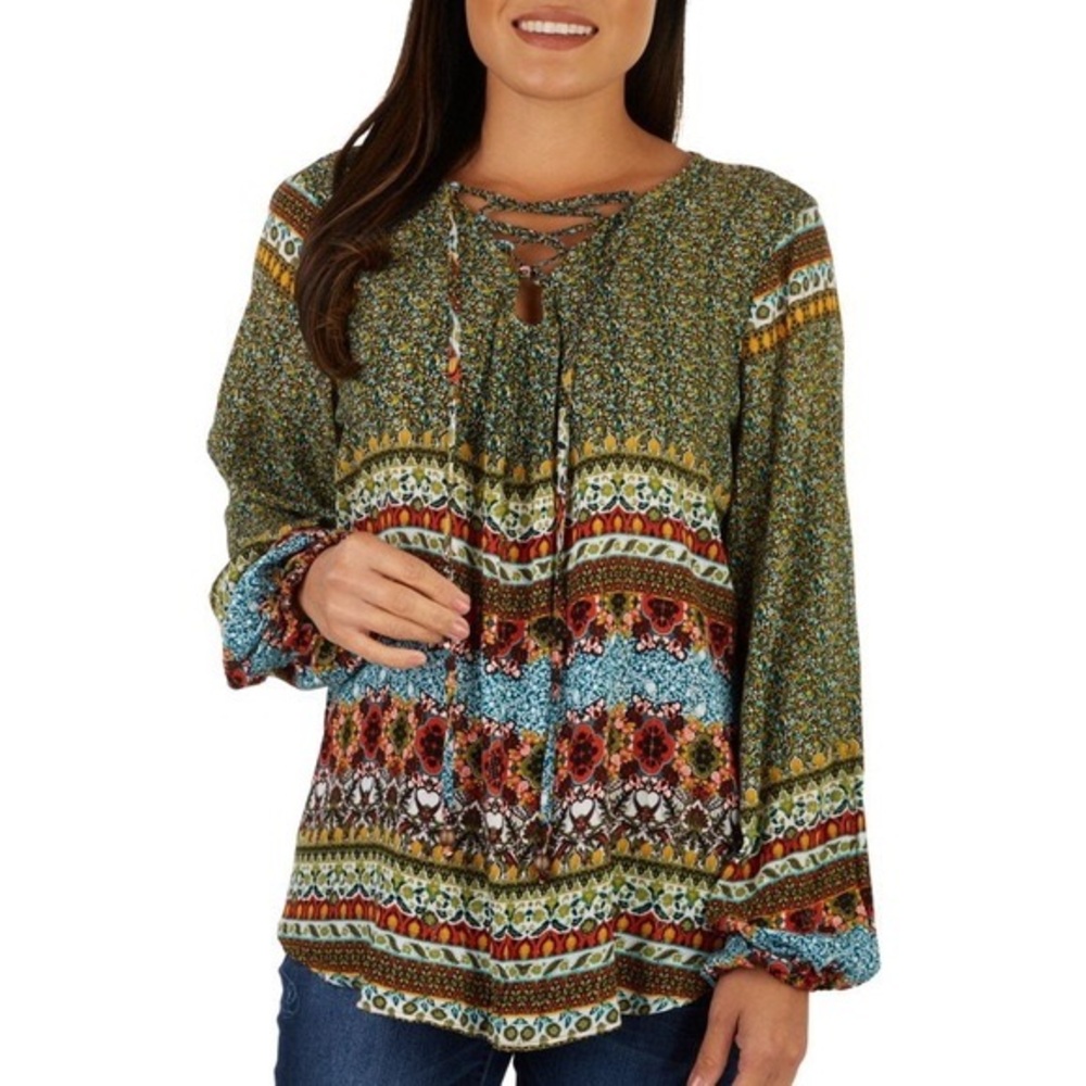 Farmers Market BOHO long sleeve blouse with lattice EUC - Picture 9 of 9